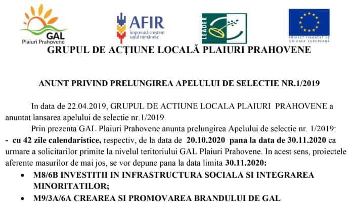 GAL Plaiuri Prahovene: ANUNT PRIVIND PRELUNGIREA APELULUI DE SELECTIE NR.1/2019